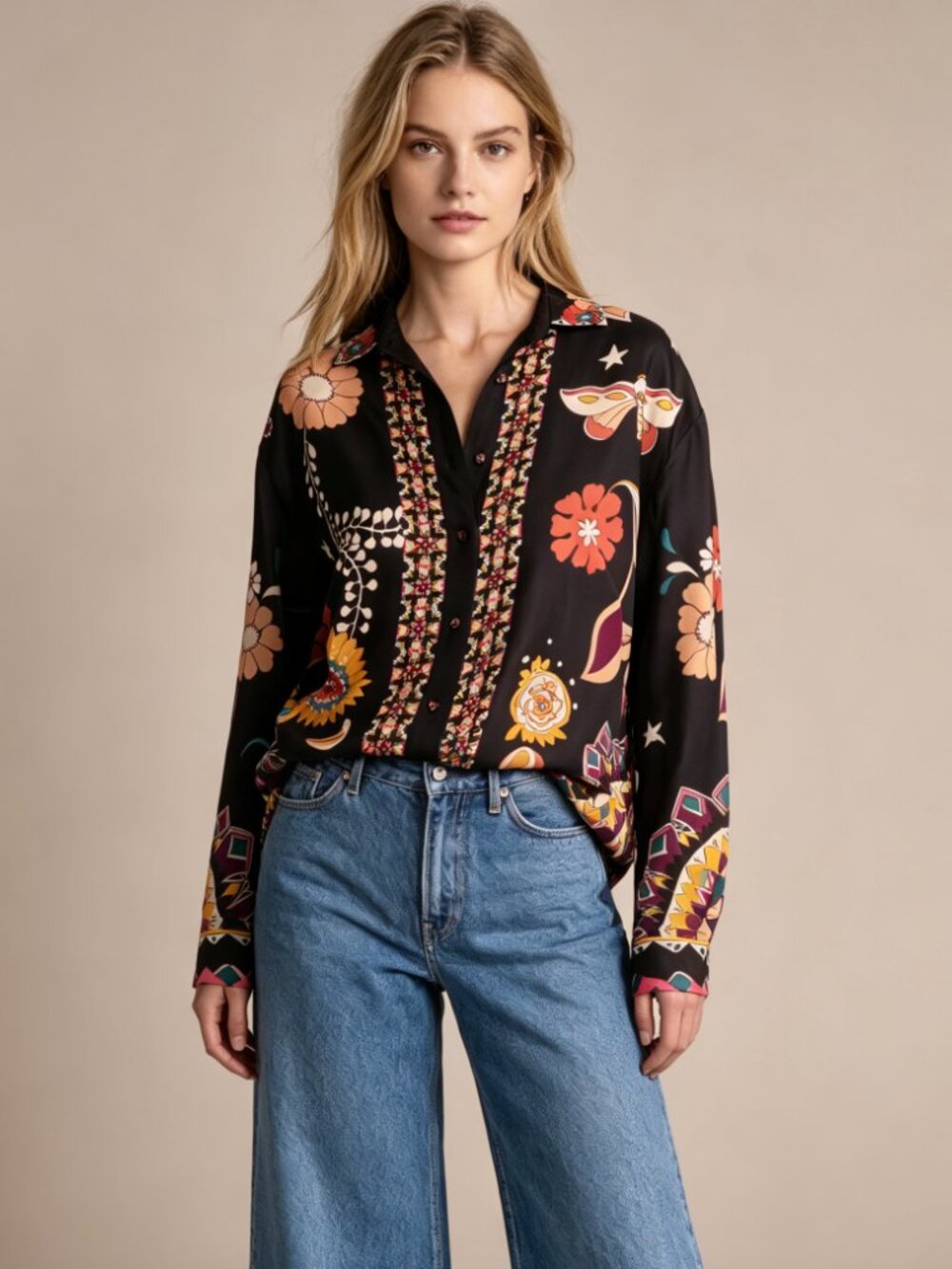 NWT Johnny Was Rosalynda Silk blend Floral Button-Up Blouse Shirt Multicolor M